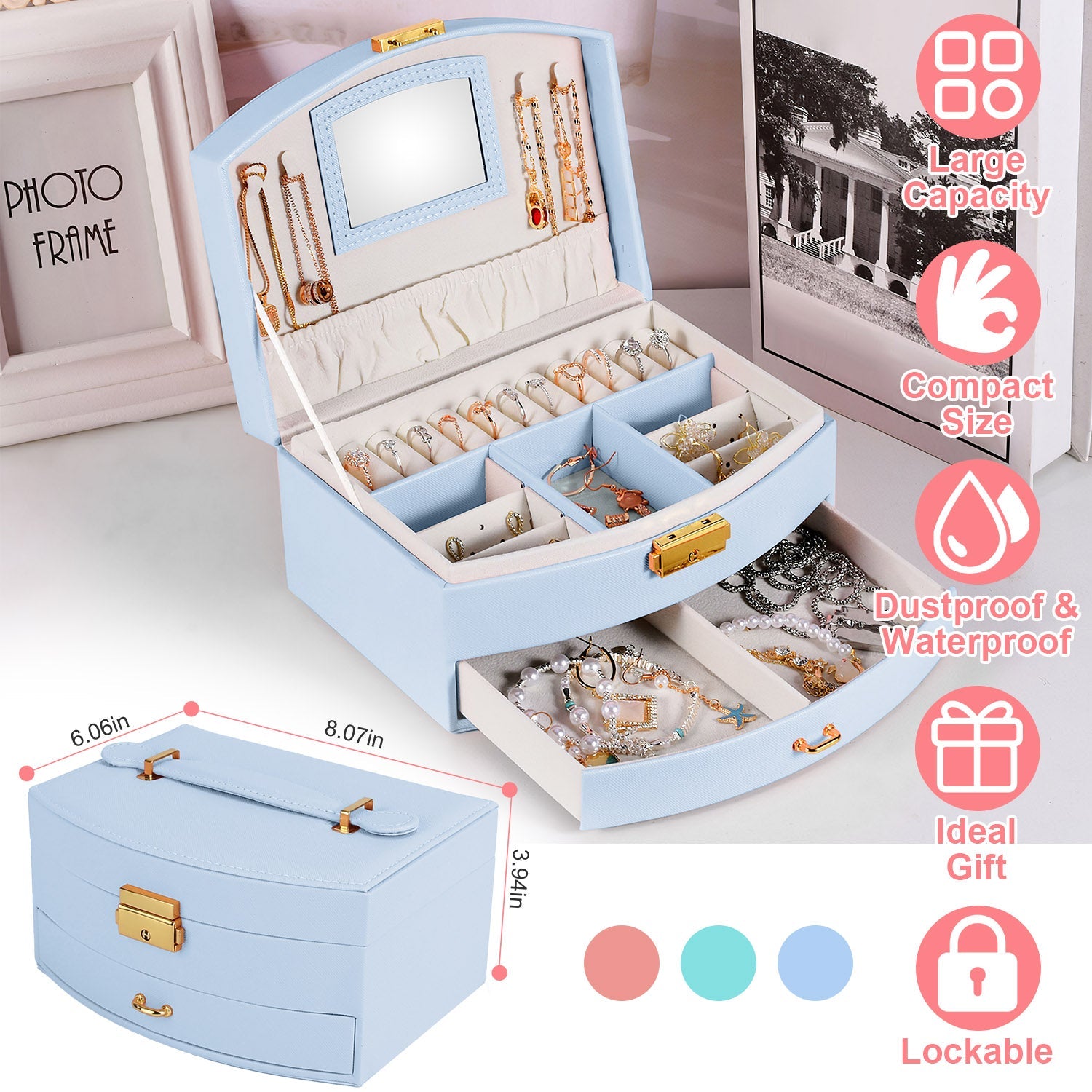 2-Layer Lockable Jewelry Box with Travel Handle