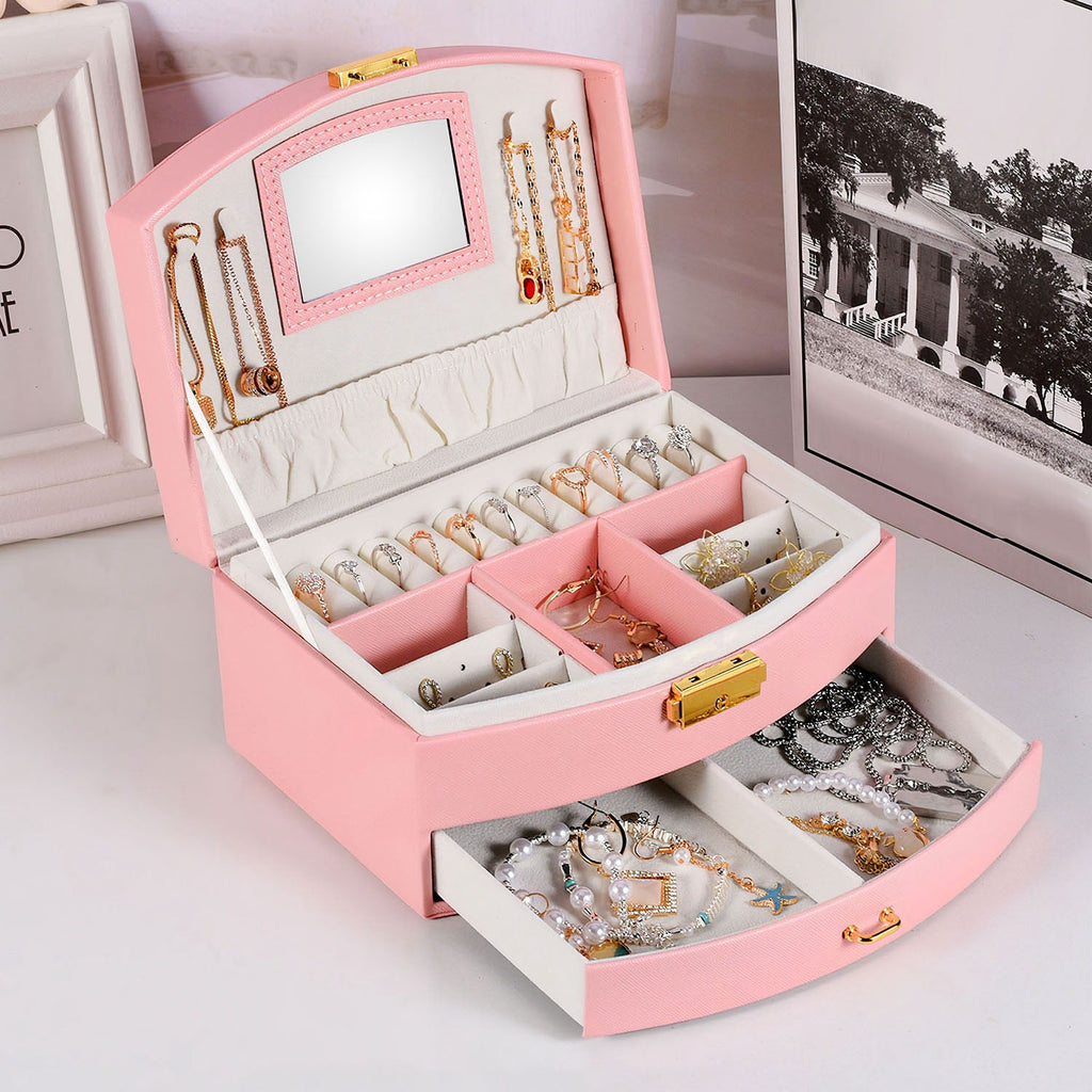2-Layer Lockable Jewelry Box with Travel Handle
