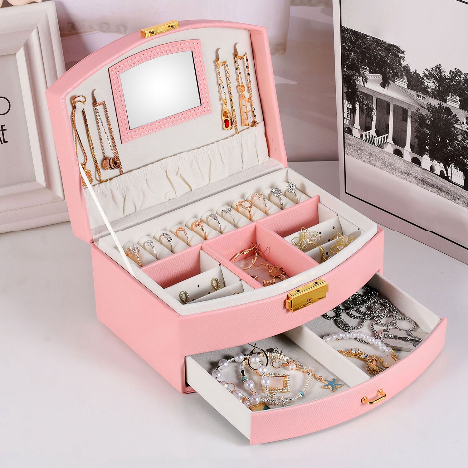 2-Layer Lockable Jewelry Box with Travel Handle
