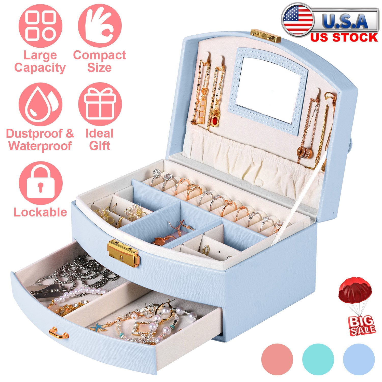 2-Layer Lockable Jewelry Box with Travel Handle