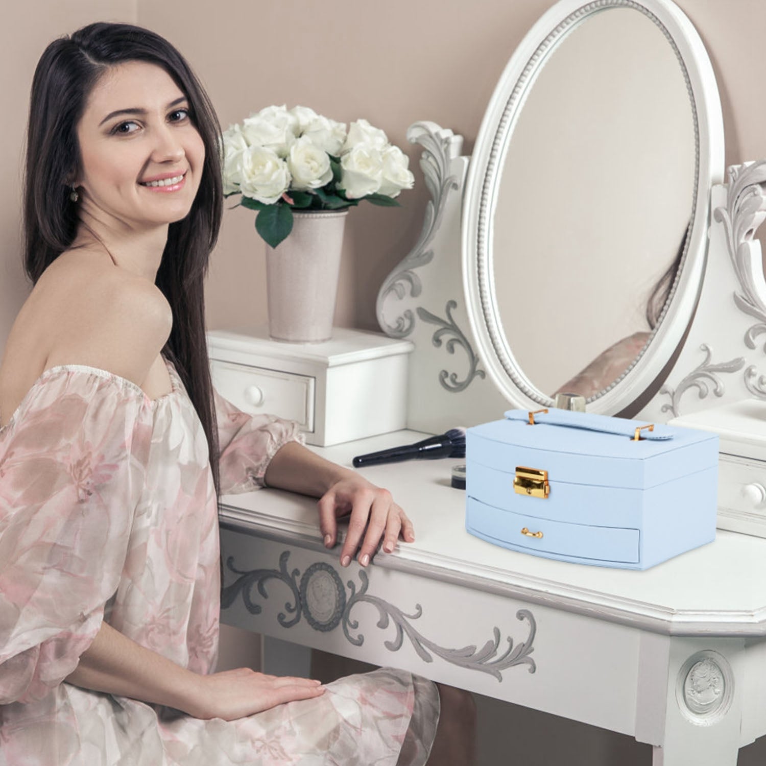 2-Layer Lockable Jewelry Box with Travel Handle