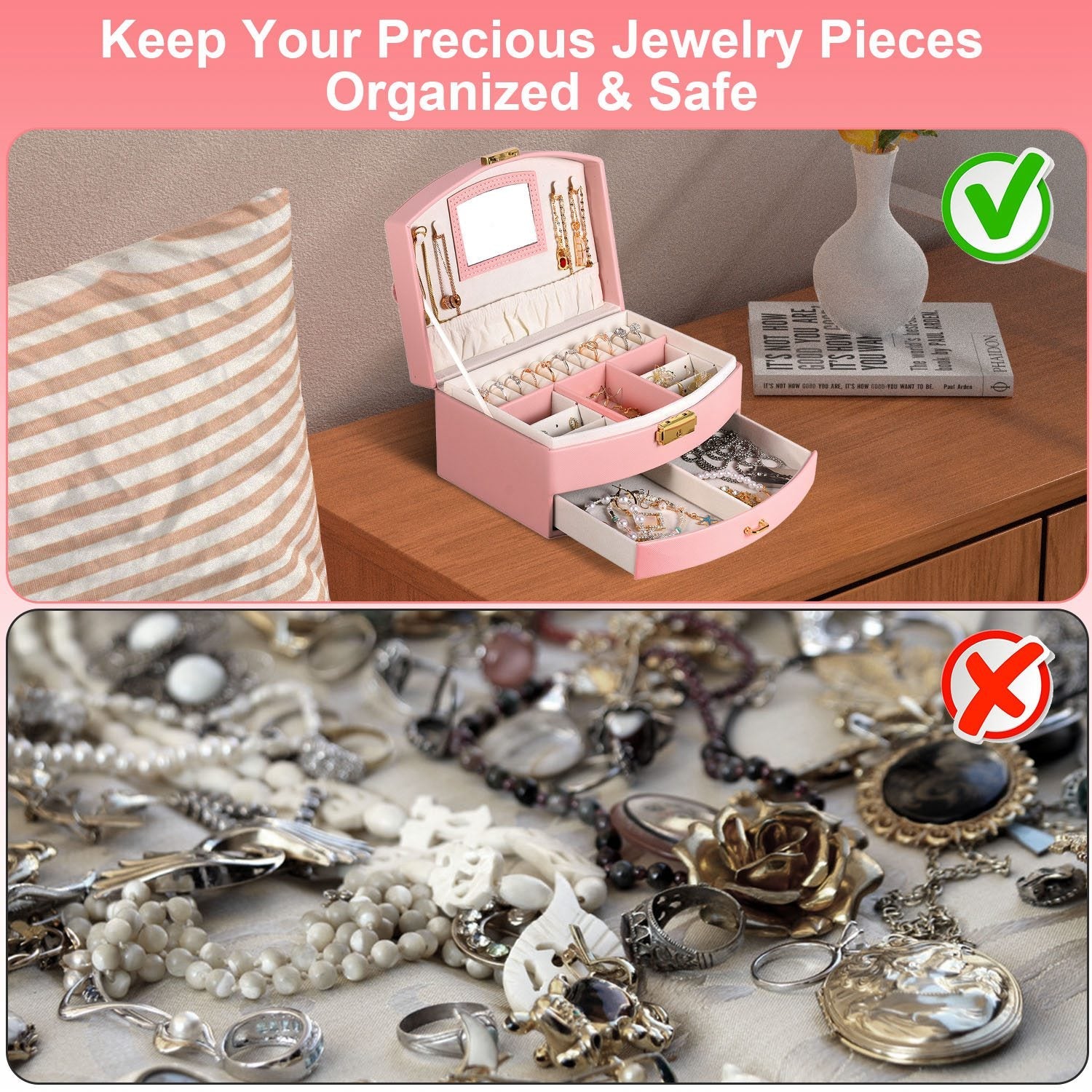 2-Layer Lockable Jewelry Box with Travel Handle