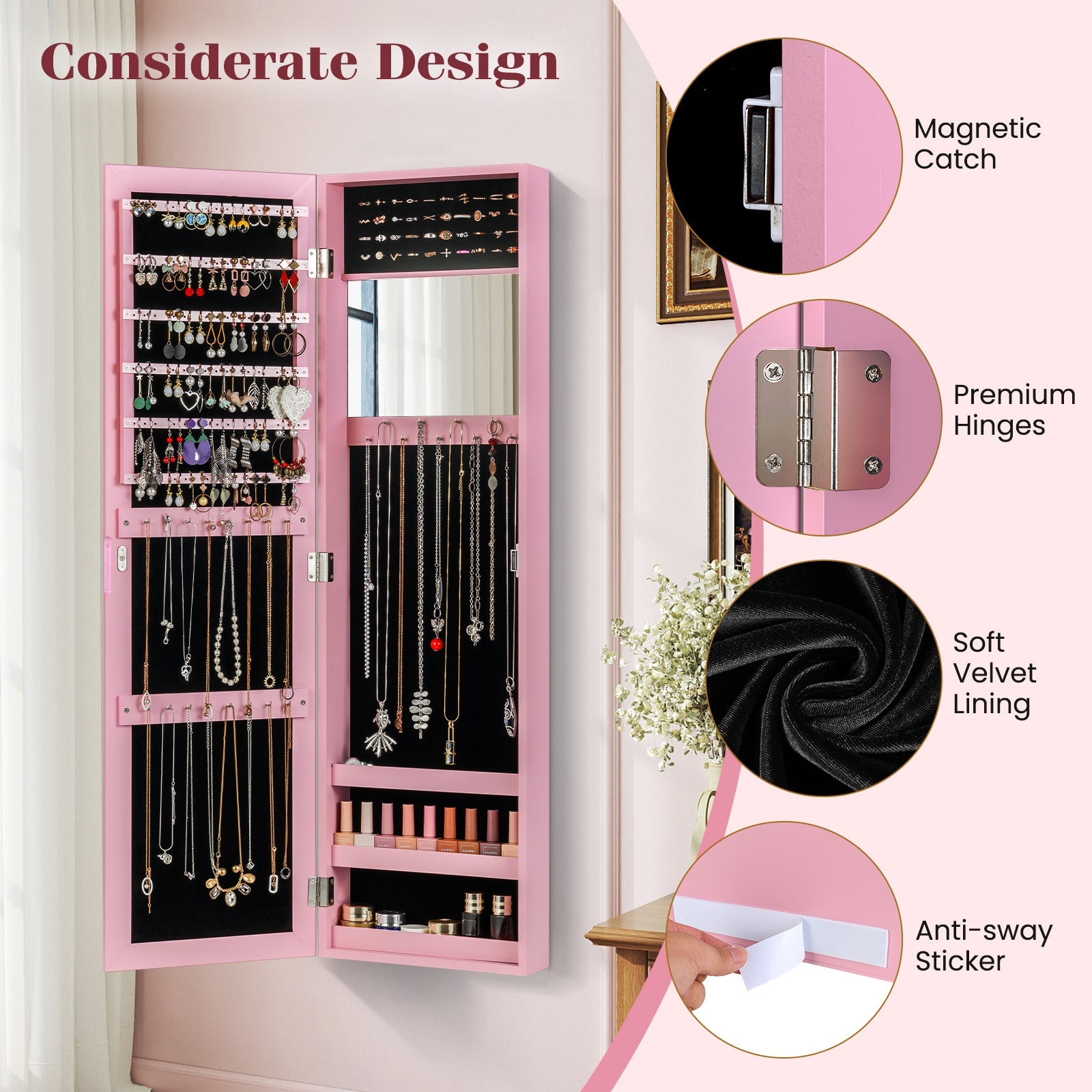 Jewelry Cabinet Wall or Door Mounted Jewelry Armoire Modern Hanging Jewelry Organizer