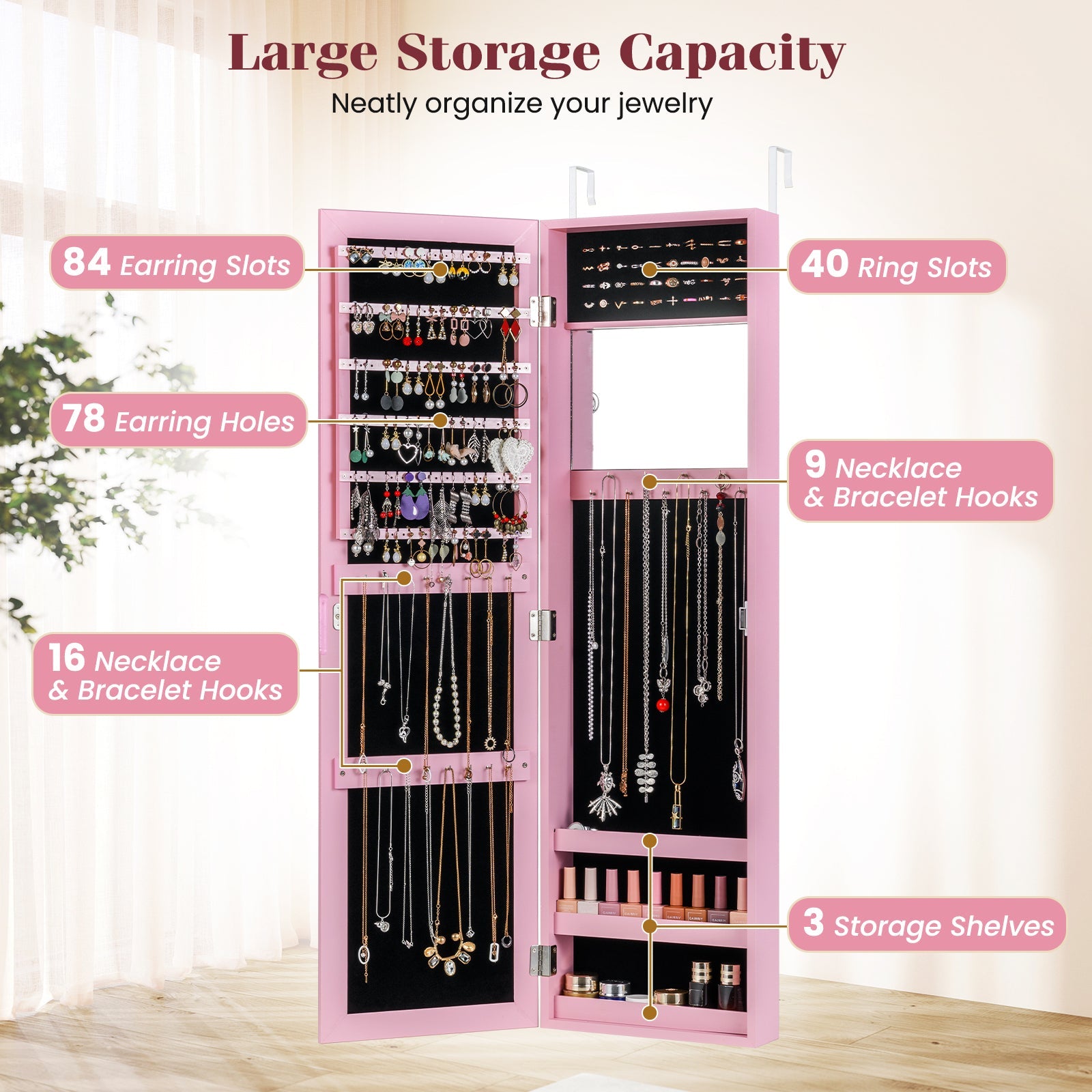 Jewelry Cabinet Wall or Door Mounted Jewelry Armoire Modern Hanging Jewelry Organizer