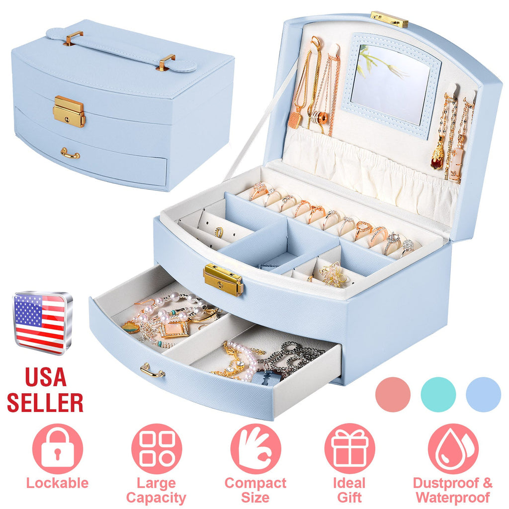 2-Layer Lockable Jewelry Box with Travel Handle