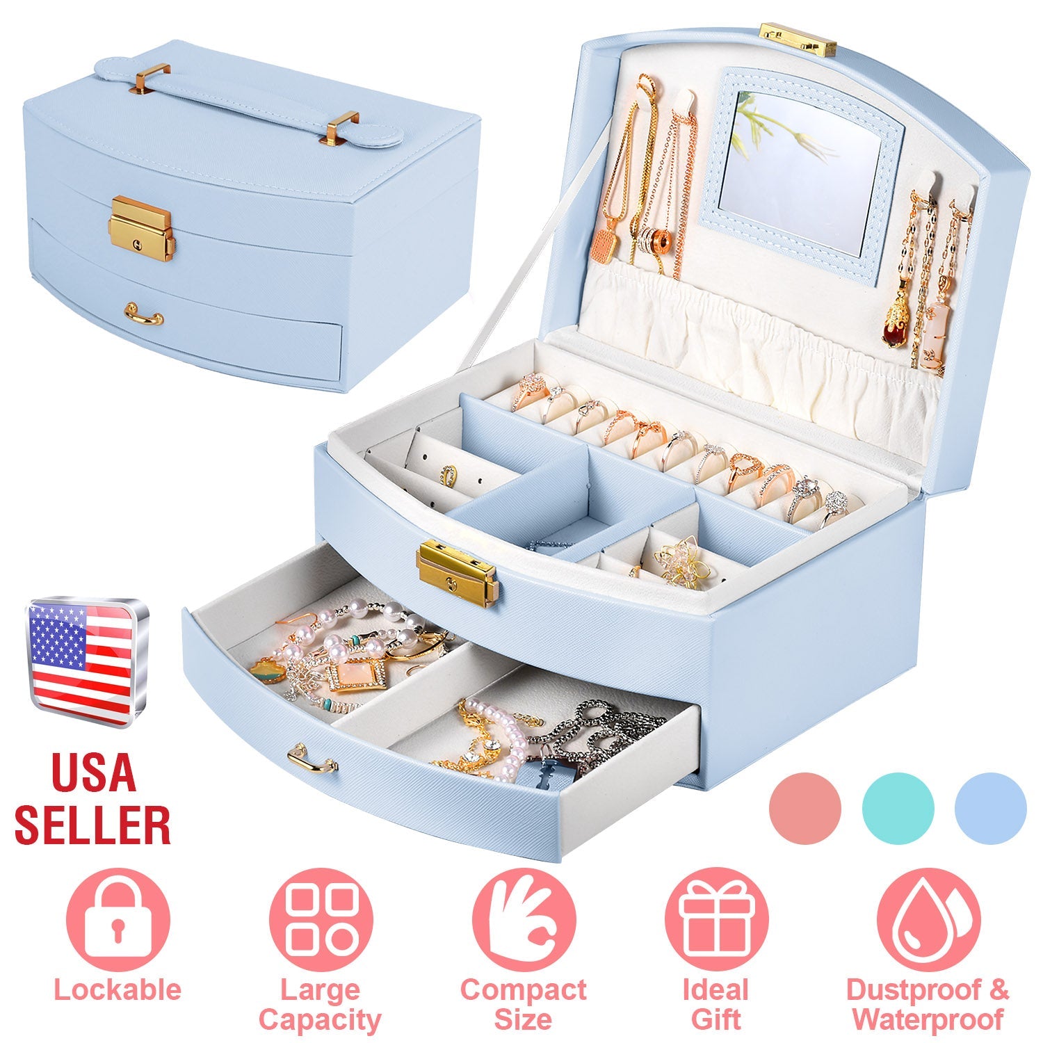 2-Layer Lockable Jewelry Box with Travel Handle