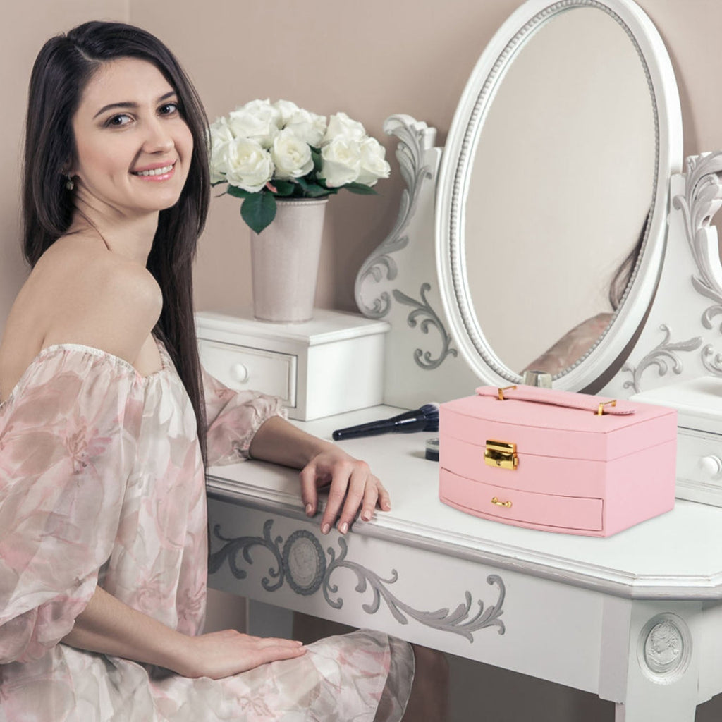 2-Layer Lockable Jewelry Box with Travel Handle