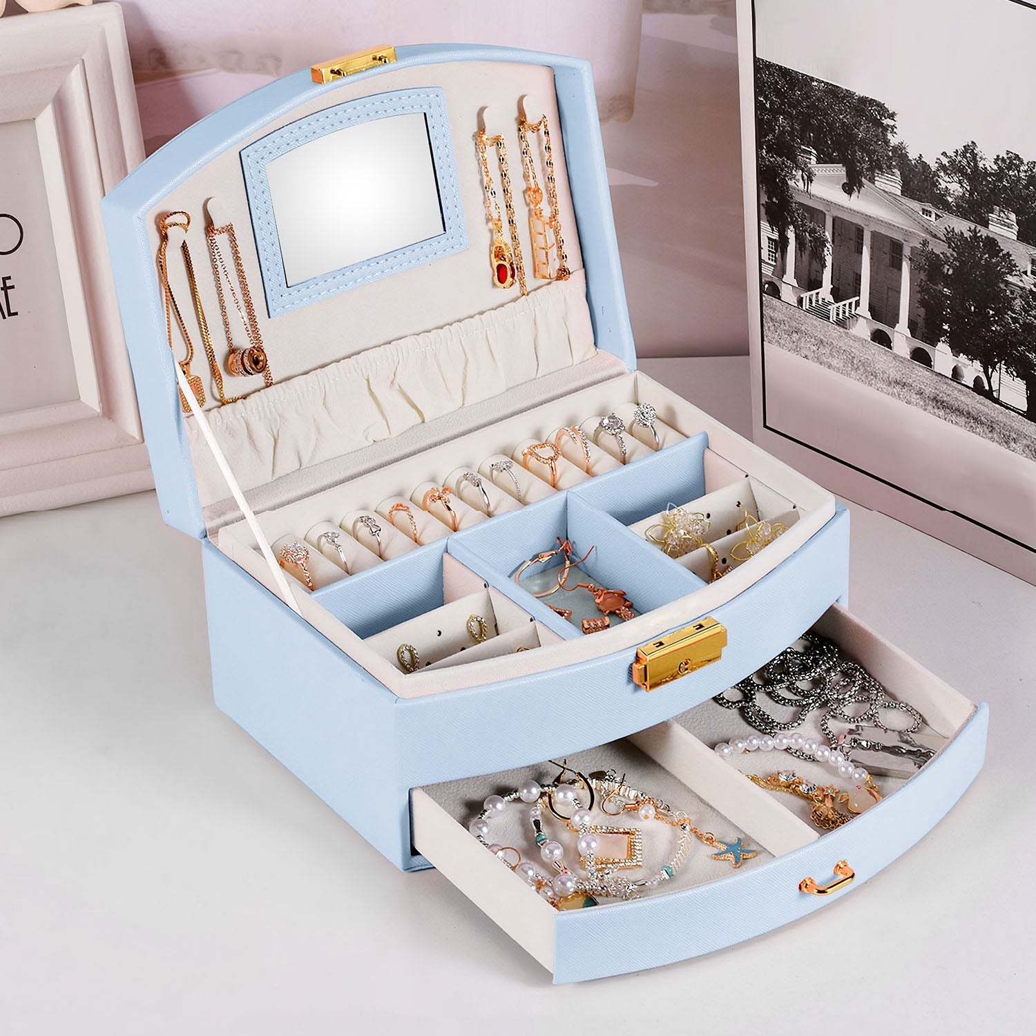 2-Layer Lockable Jewelry Box with Travel Handle