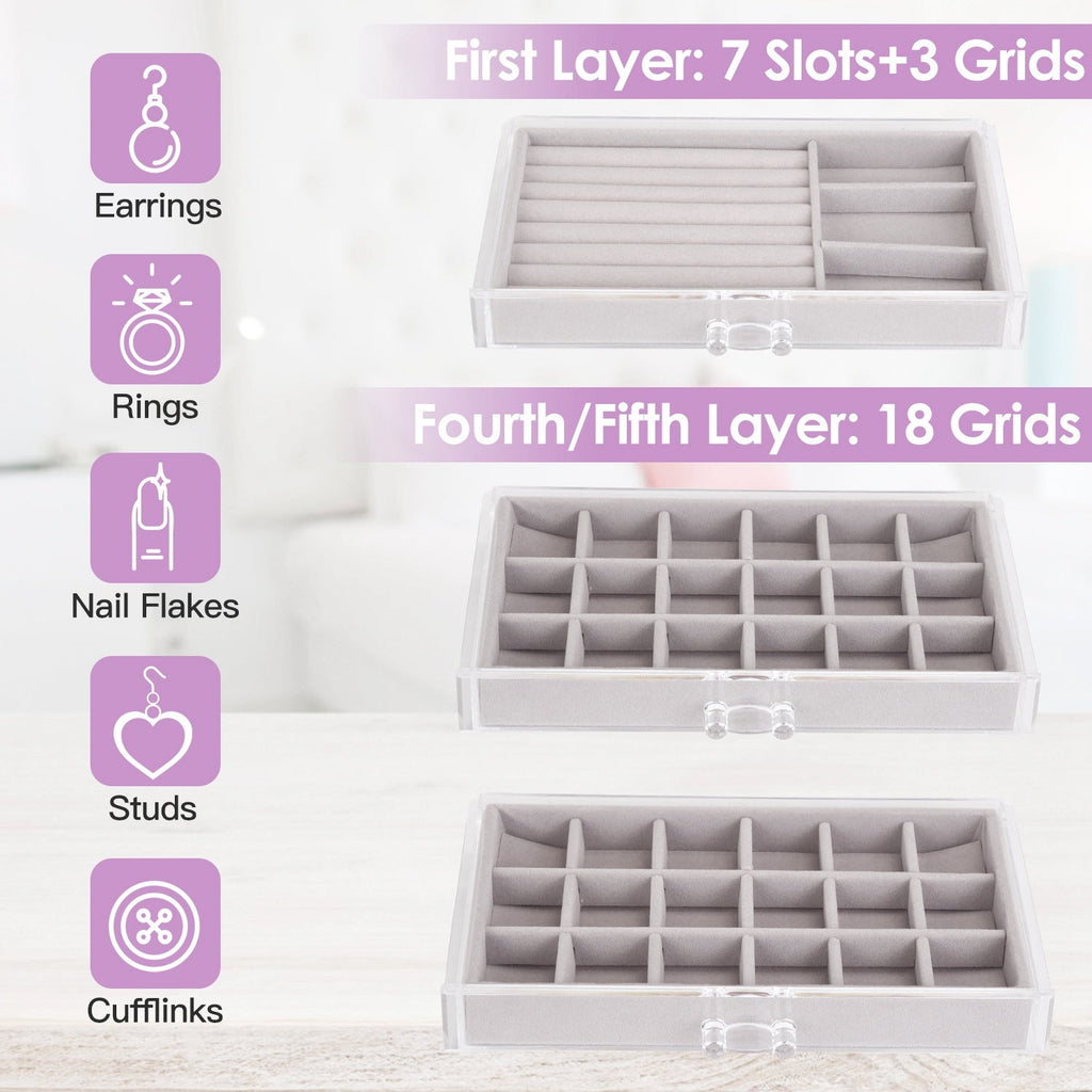 Clear Acrylic Jewelry Box Organizer with 5 Drawers Stackable Jewelry Holder Velvet Storage Case for Earrings Rings Bracelets Necklaces Ideal Gift for