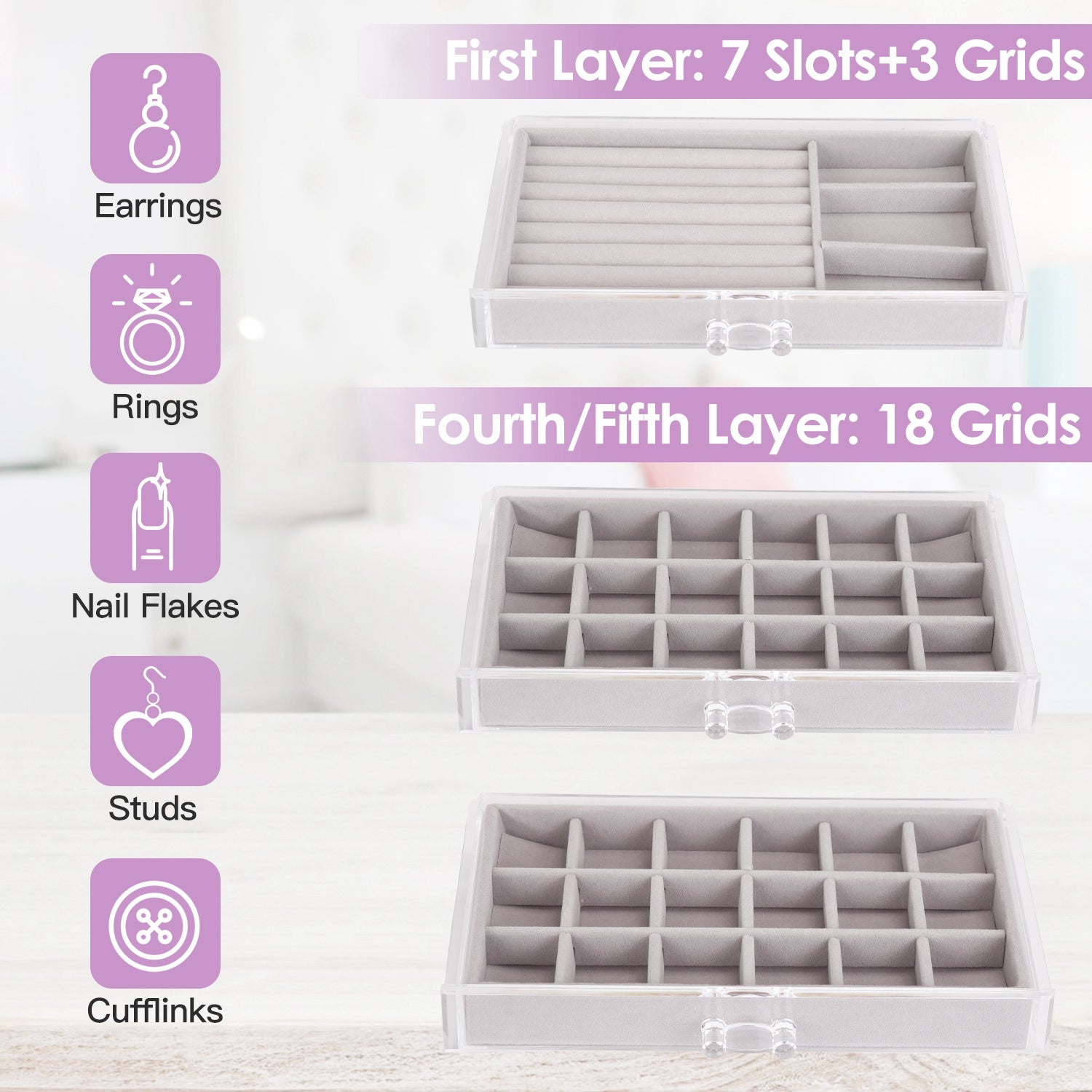 Clear Acrylic Jewelry Box Organizer with 5 Drawers Stackable Jewelry Holder Velvet Storage Case for Earrings Rings Bracelets Necklaces Ideal Gift for