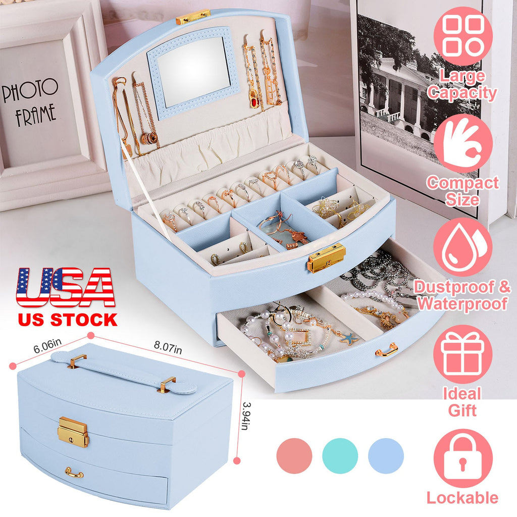 2-Layer Lockable Jewelry Box with Travel Handle