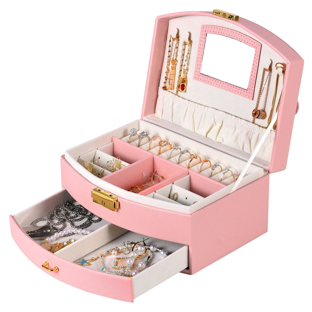 2-Layer Lockable Jewelry Box with Travel Handle